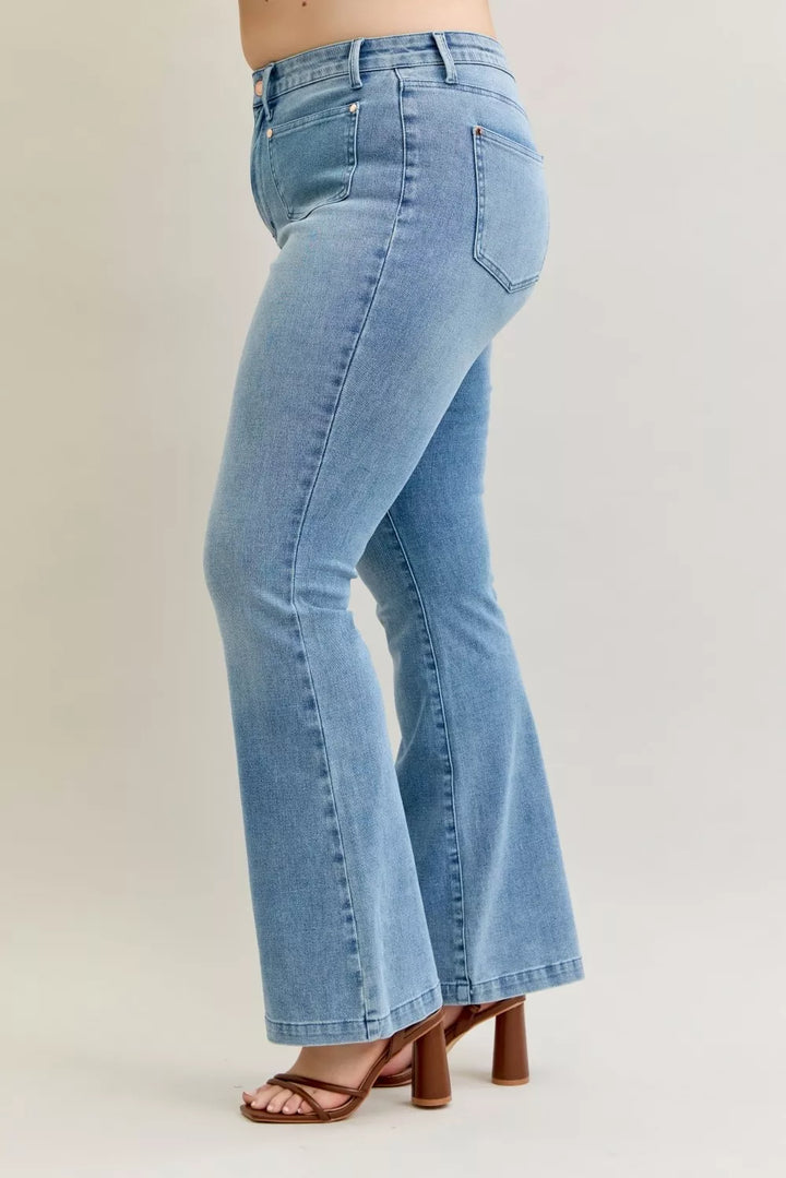 Mid-rise contrast wash bootcut jeans with front patch pockets
