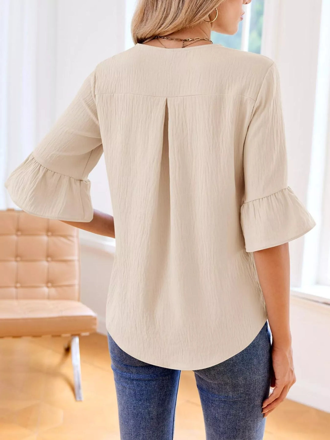 Ruffle trim V-neck blouse with flared bell sleeves