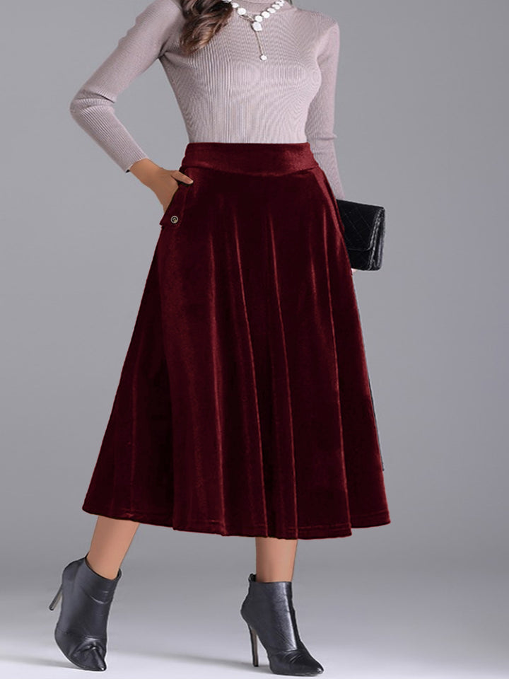 Plus size velvet A-line midi skirt with side pocket