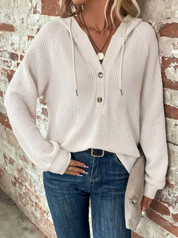 White Button-detail waffle knit hoodie with drawstring hood