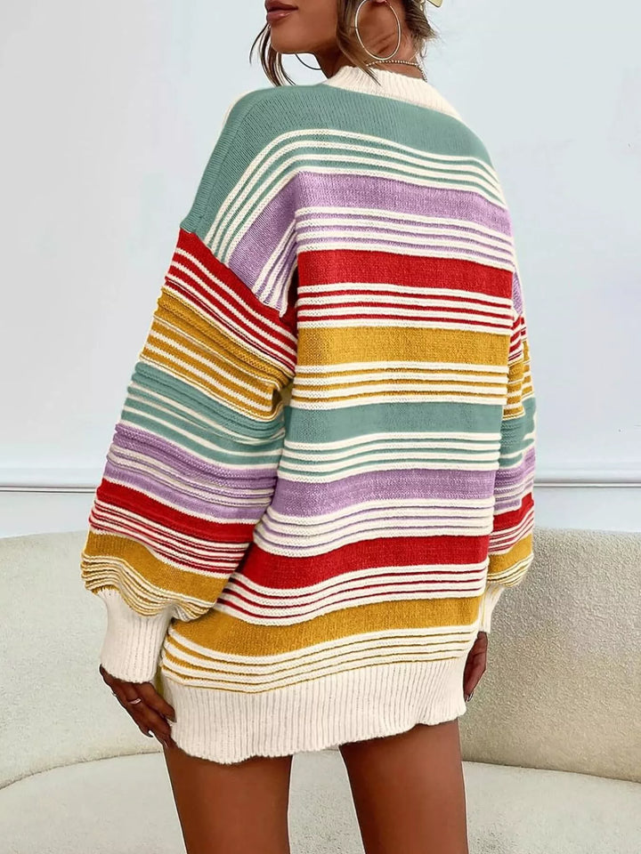 Striped mock neck relaxed knit pullover sweater