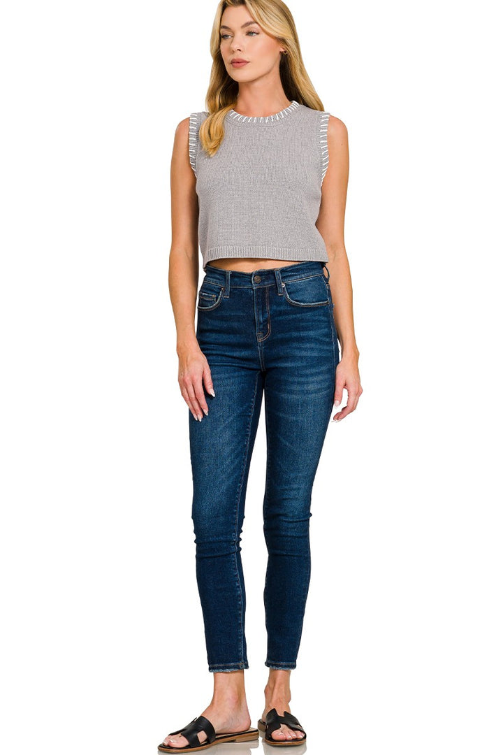 Contrast whipstitch cropped knit sweater vest