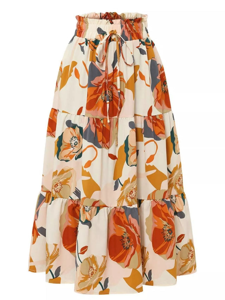 Floral Floral print tiered ruffle midi skirt with tie waist