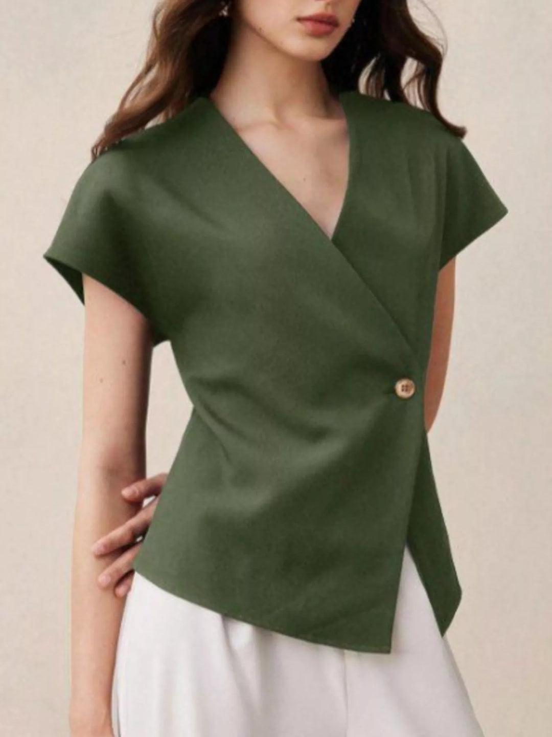 Moss Wrap-front cap sleeve blouse with single wooden button