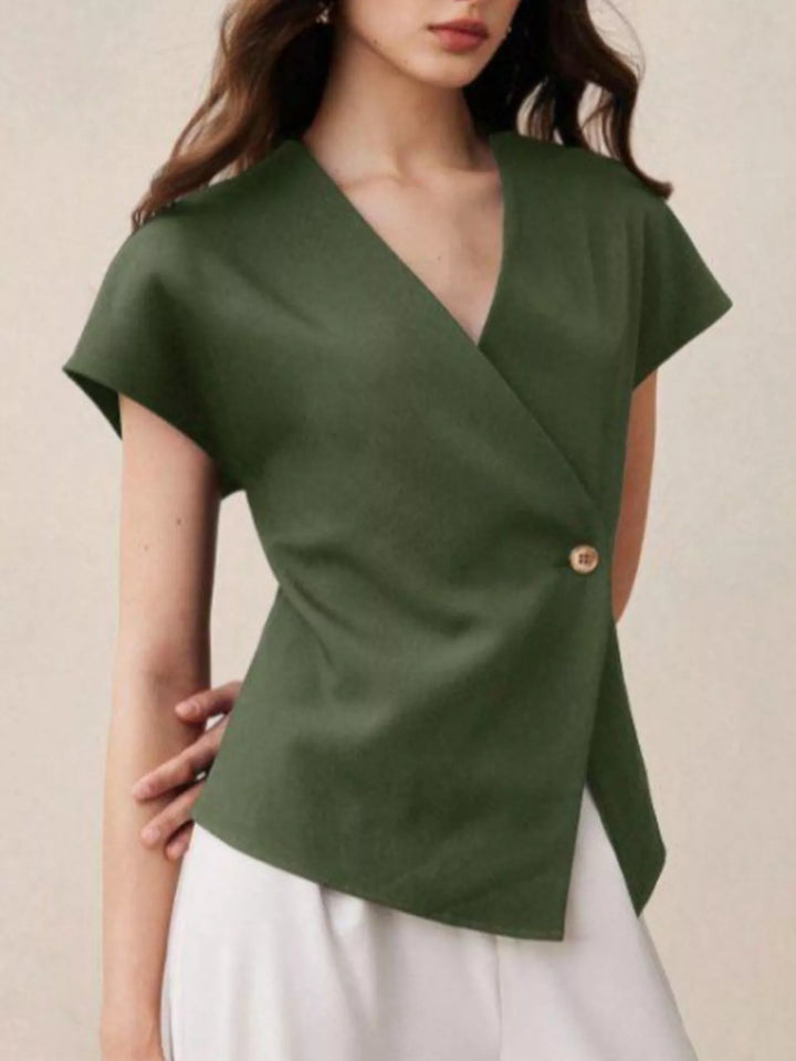 Moss Wrap-front cap sleeve blouse with single wooden button