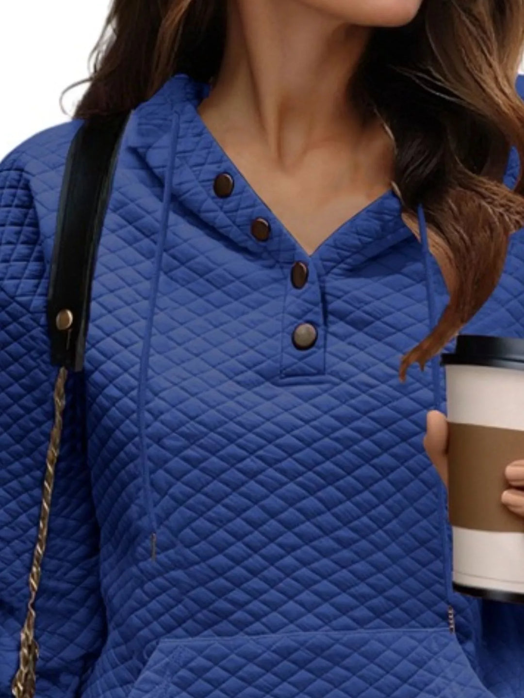 Diamond-textured drawstring pullover hoodie with button placket