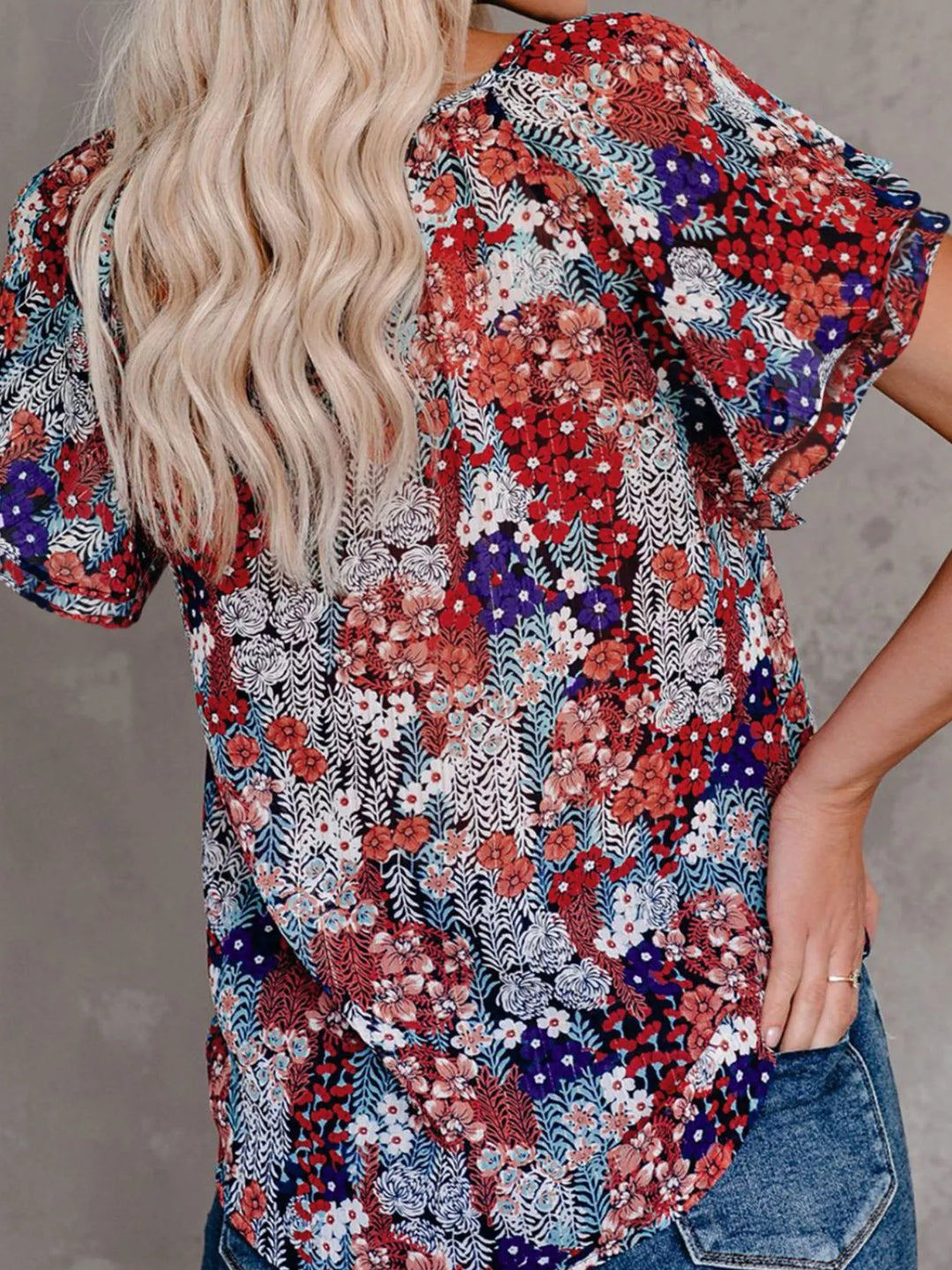 Floral print V-neck button-down blouse with tie waist