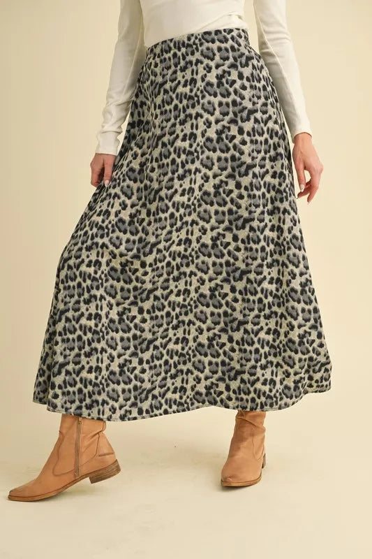 BLACK Flowy leopard print A-line midi skirt