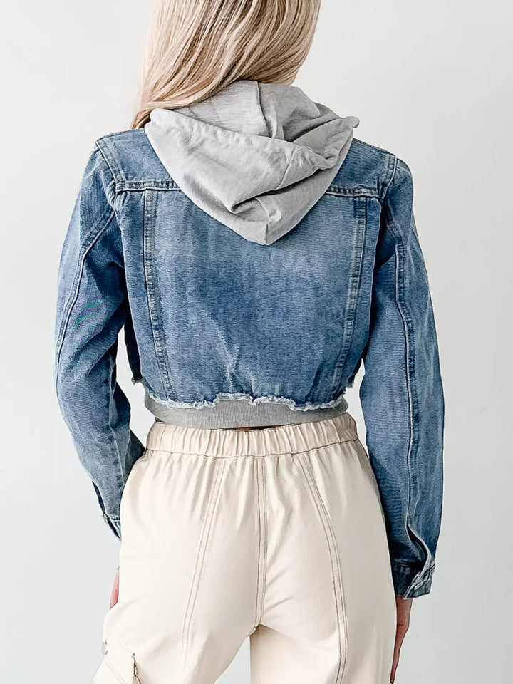 Distressed cropped hooded denim jacket with zip front