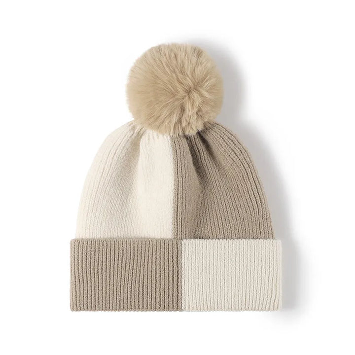 Khaki Color block ribbed knit beanie with faux fur pom-pom
