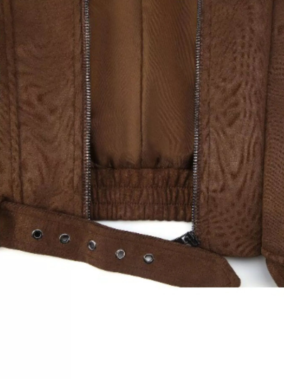 Faux suede moto jacket with asymmetrical zip and belted hem