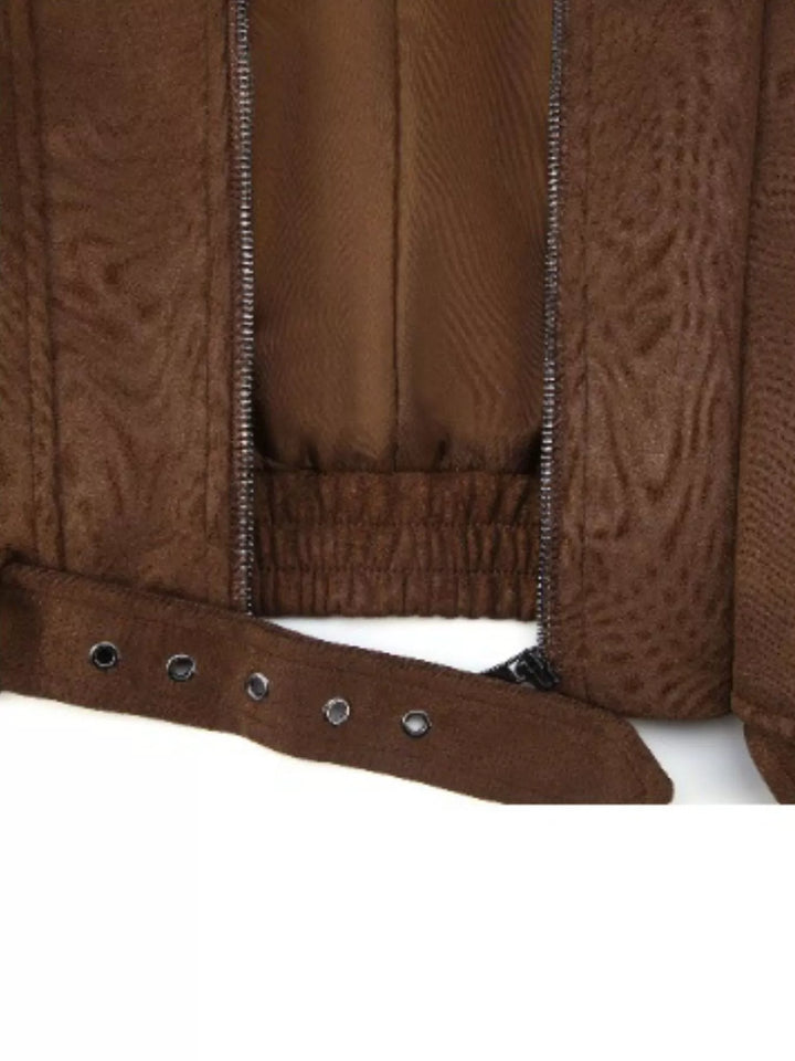 Faux suede moto jacket with asymmetrical zip and belted hem