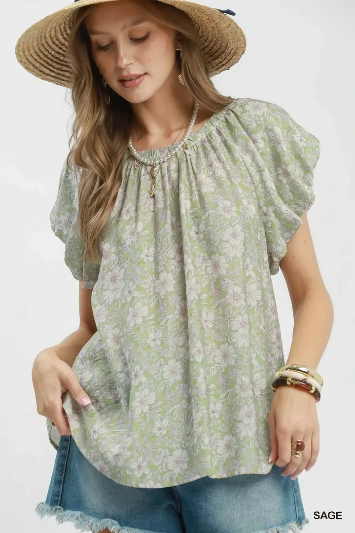 SAGE Floral puff sleeve blouse with gathered neckline