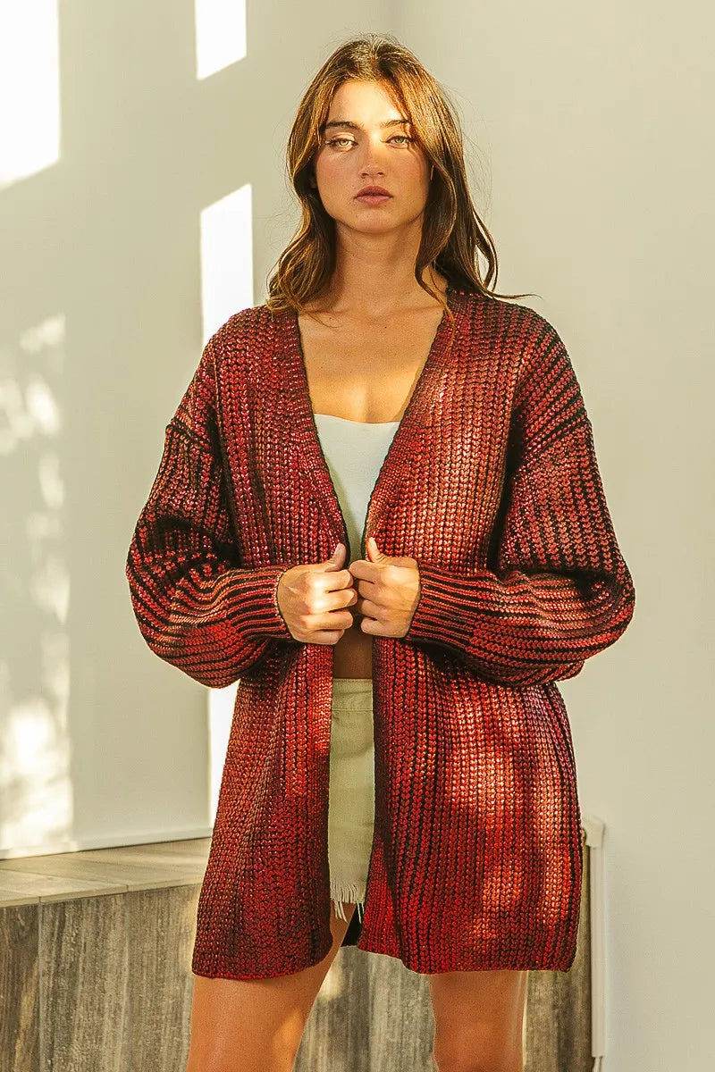 Metallic ribbed knit open-front longline cardigan