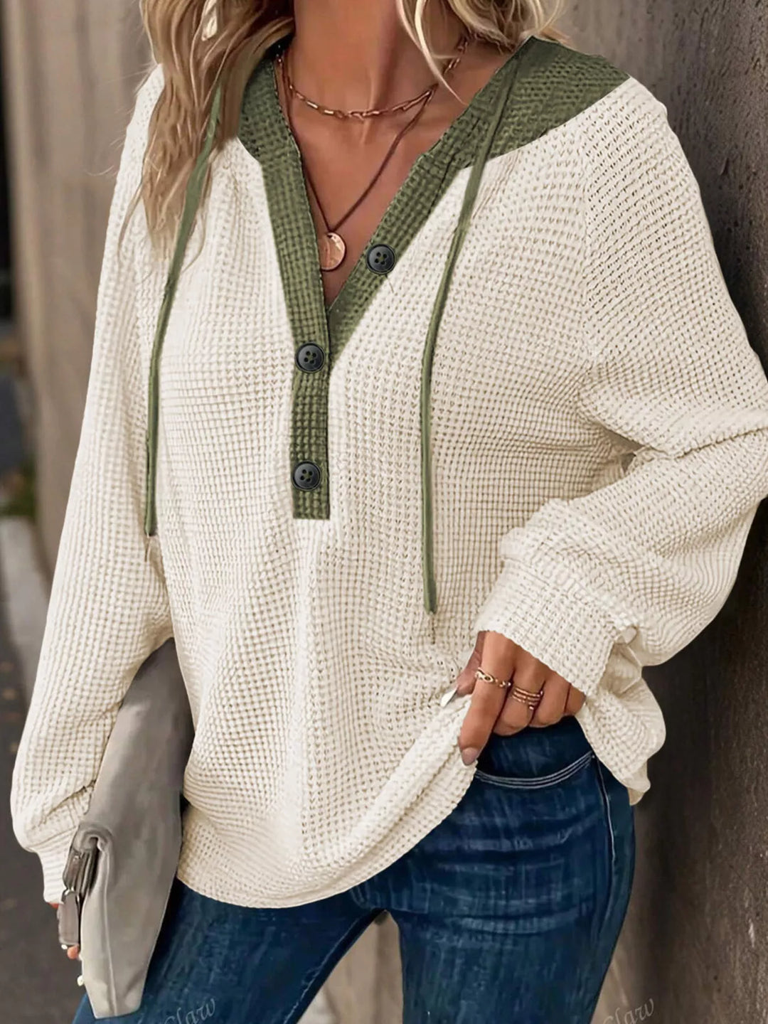 Beige Waffle knit button-front hoodie with contrast trim