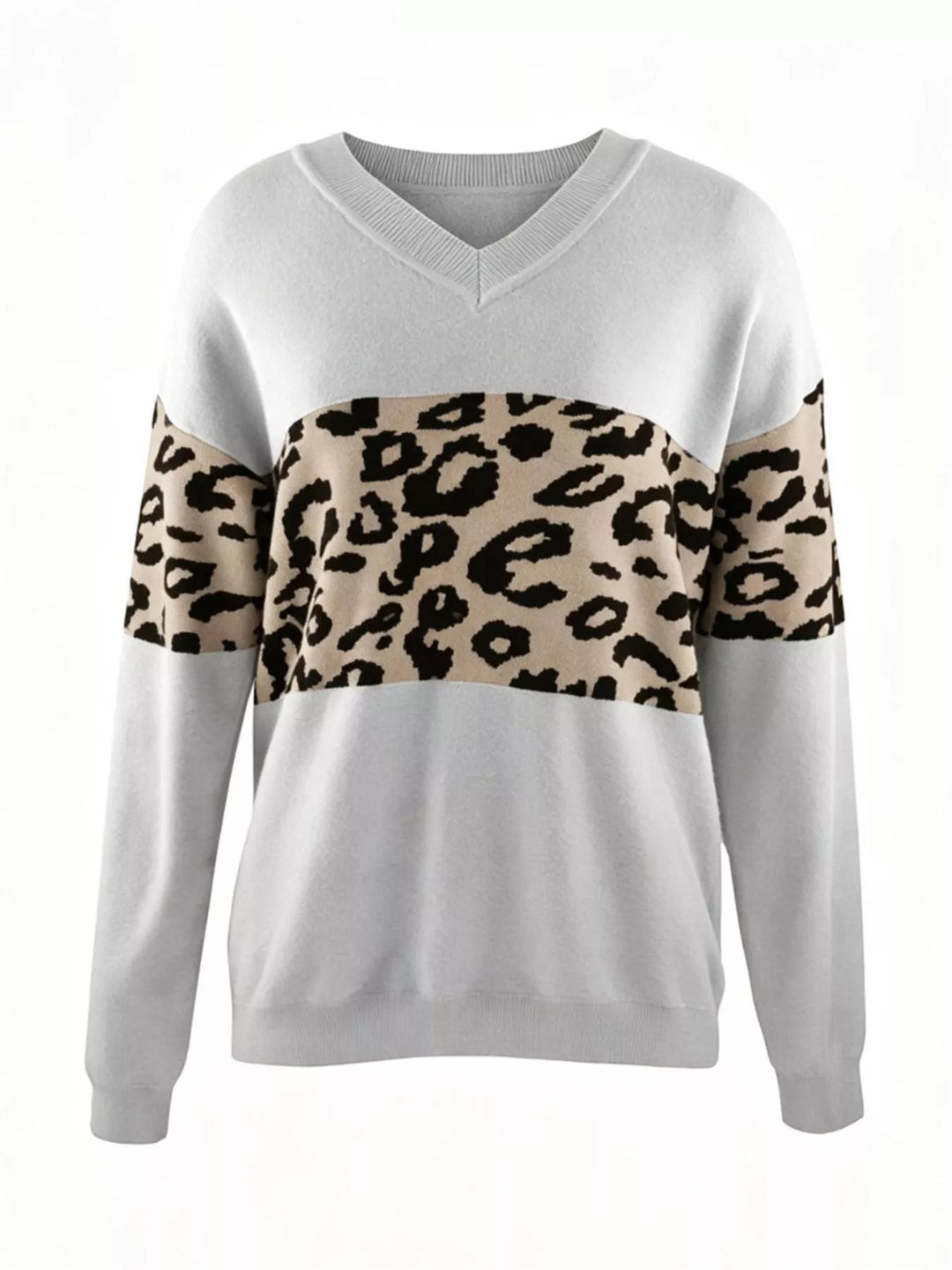 Leopard colorblock V-neck drop shoulder knit sweater
