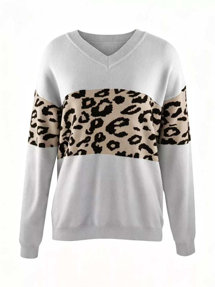 Leopard colorblock V-neck drop shoulder knit sweater