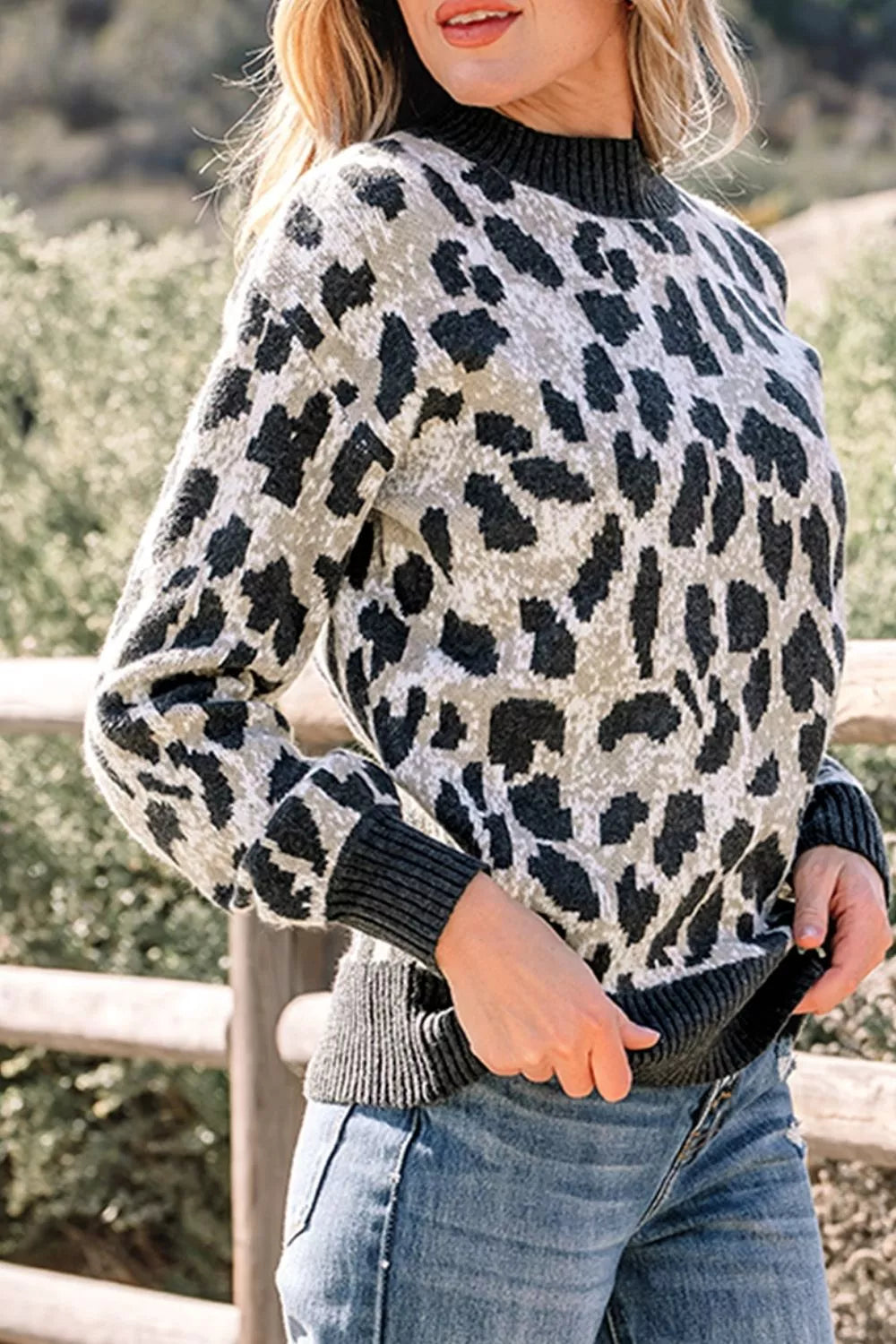 Leopard print drop shoulder knit pullover sweater
