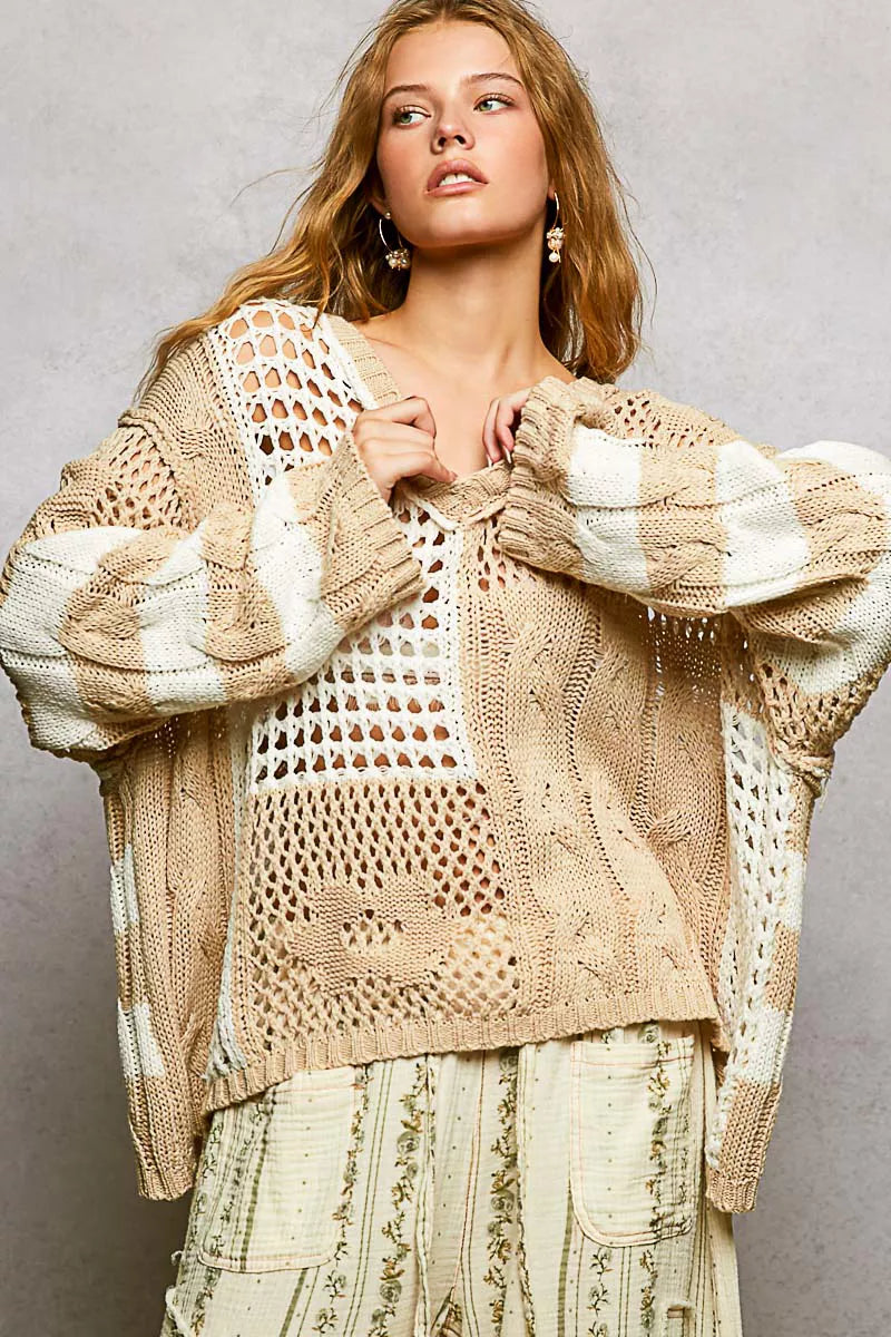 Openwork color-block stripe V-neck knit sweater
