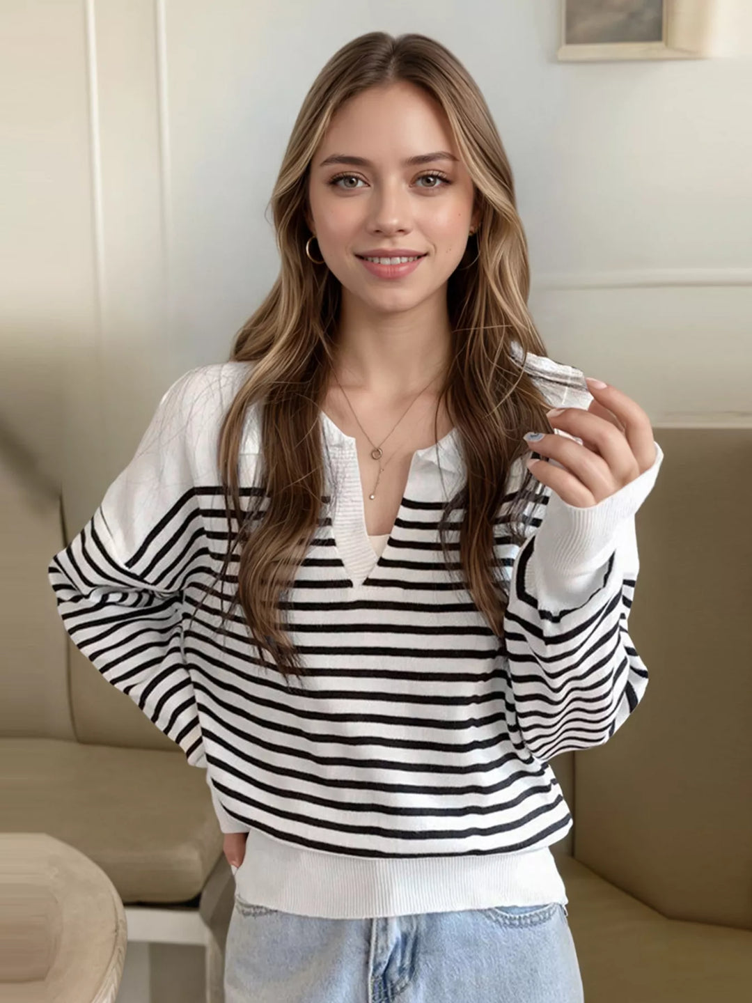 Striped collared knit top with long sleeves