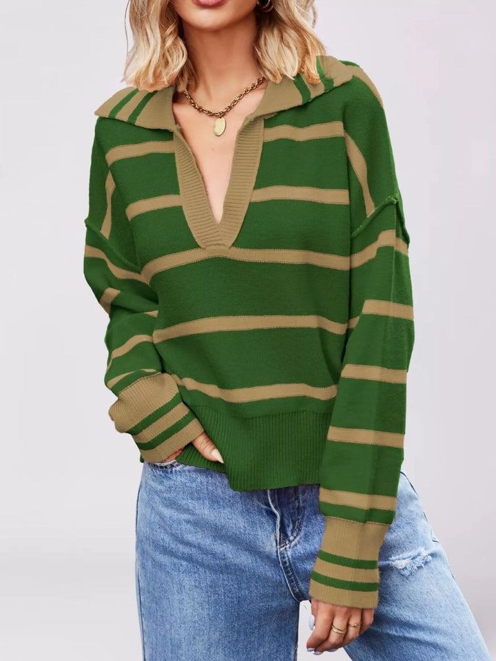 Green Striped johnny collar dropped shoulder sweater