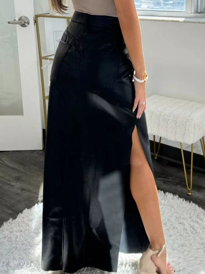 Faux leather high-waist maxi skirt with side slit