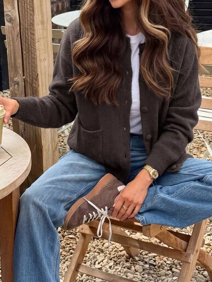 Crew neck button-up knit cardigan with patch pockets