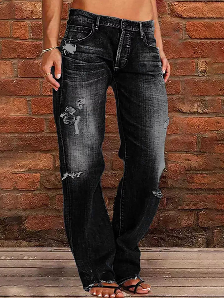 Black Distressed loose fit straight leg jeans with raw hem