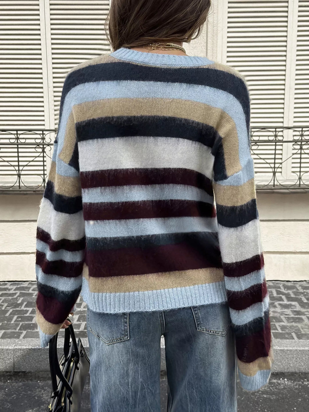 Striped fuzzy knit crew neck pullover sweater