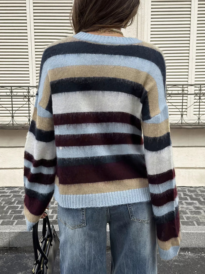Striped fuzzy knit crew neck pullover sweater