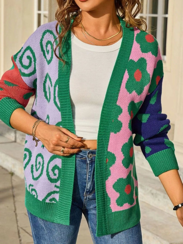 Floral colorblock open-front knit cardigan