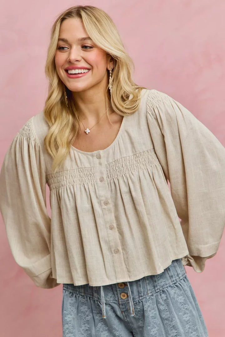 Smocked button-front puff sleeve linen blend top