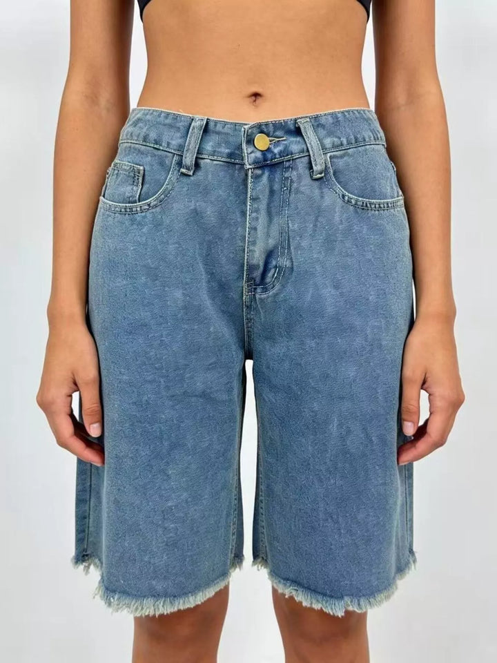 Blue Frayed hem mid-rise relaxed Bermuda denim shorts