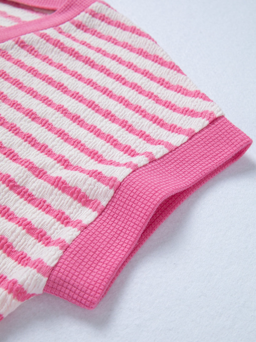 Striped textured knit V-neck top with waffle trim