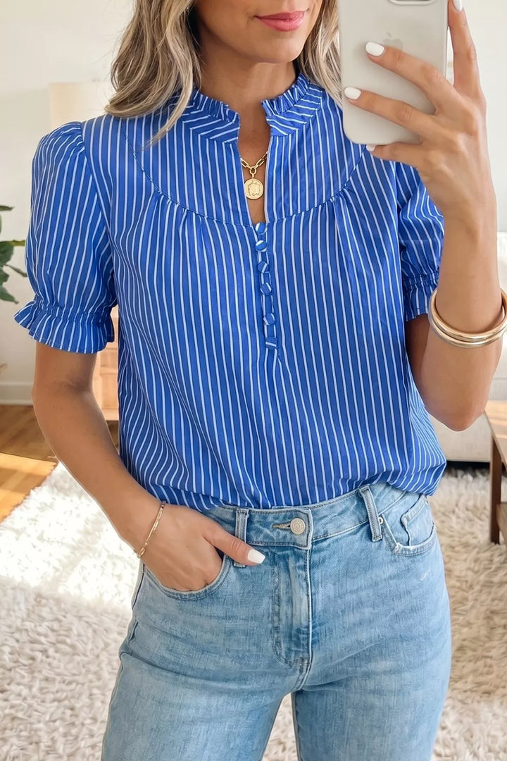 Striped ruffle puff sleeve button-front blouse