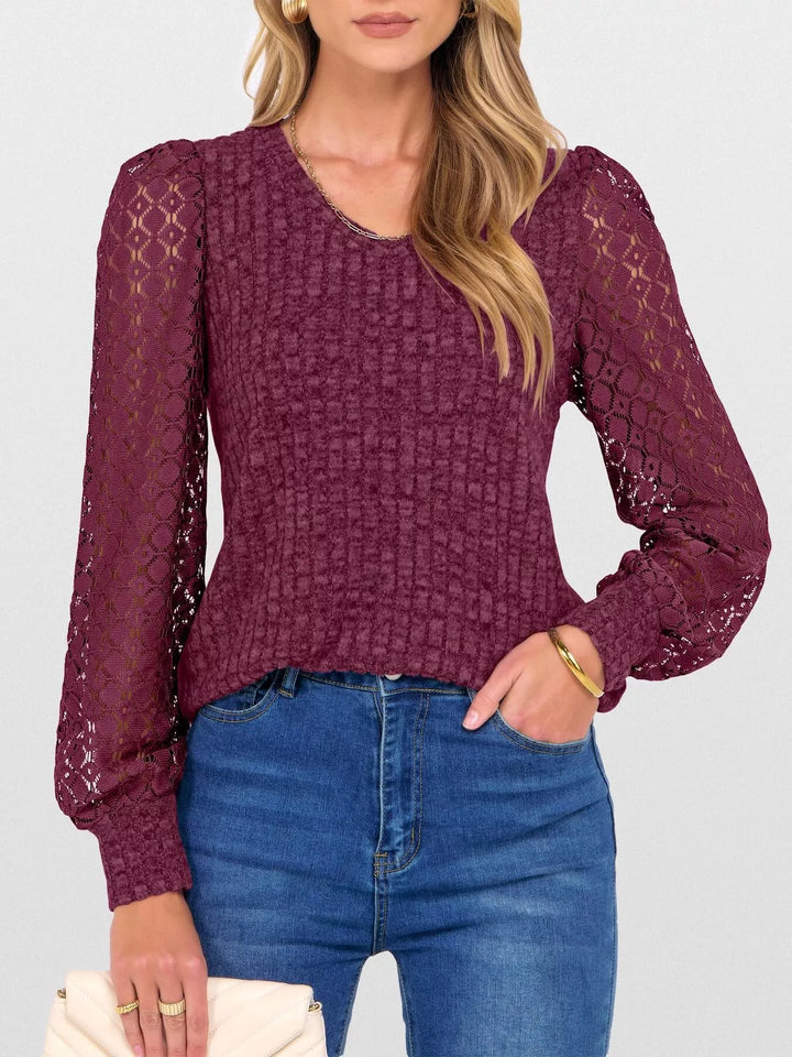 Sheer lace sleeve ribbed knit V-neck top