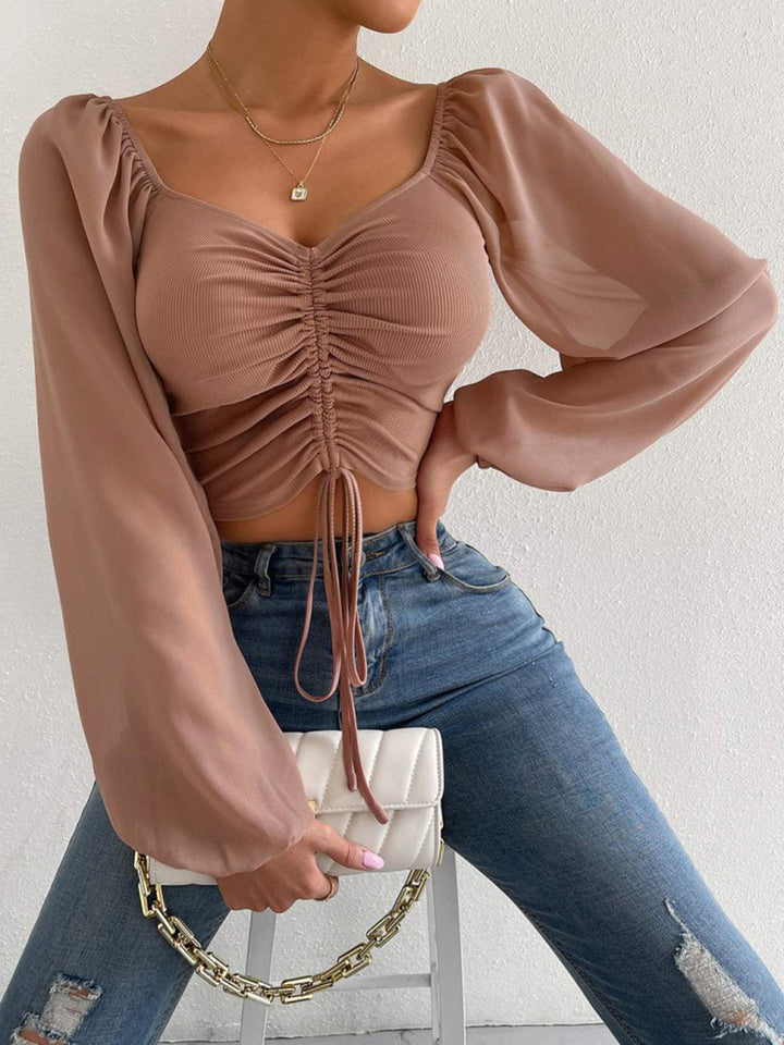 Camel Drawstring sweetheart neck crop top with sheer sleeves