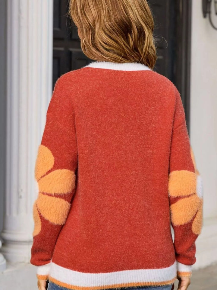 Fuzzy knit floral crew neck sweater with contrast trim