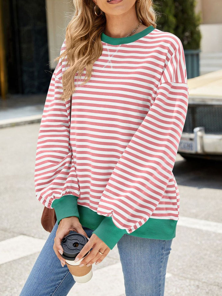 Striped crew neck sweatshirt with contrast ribbed trim