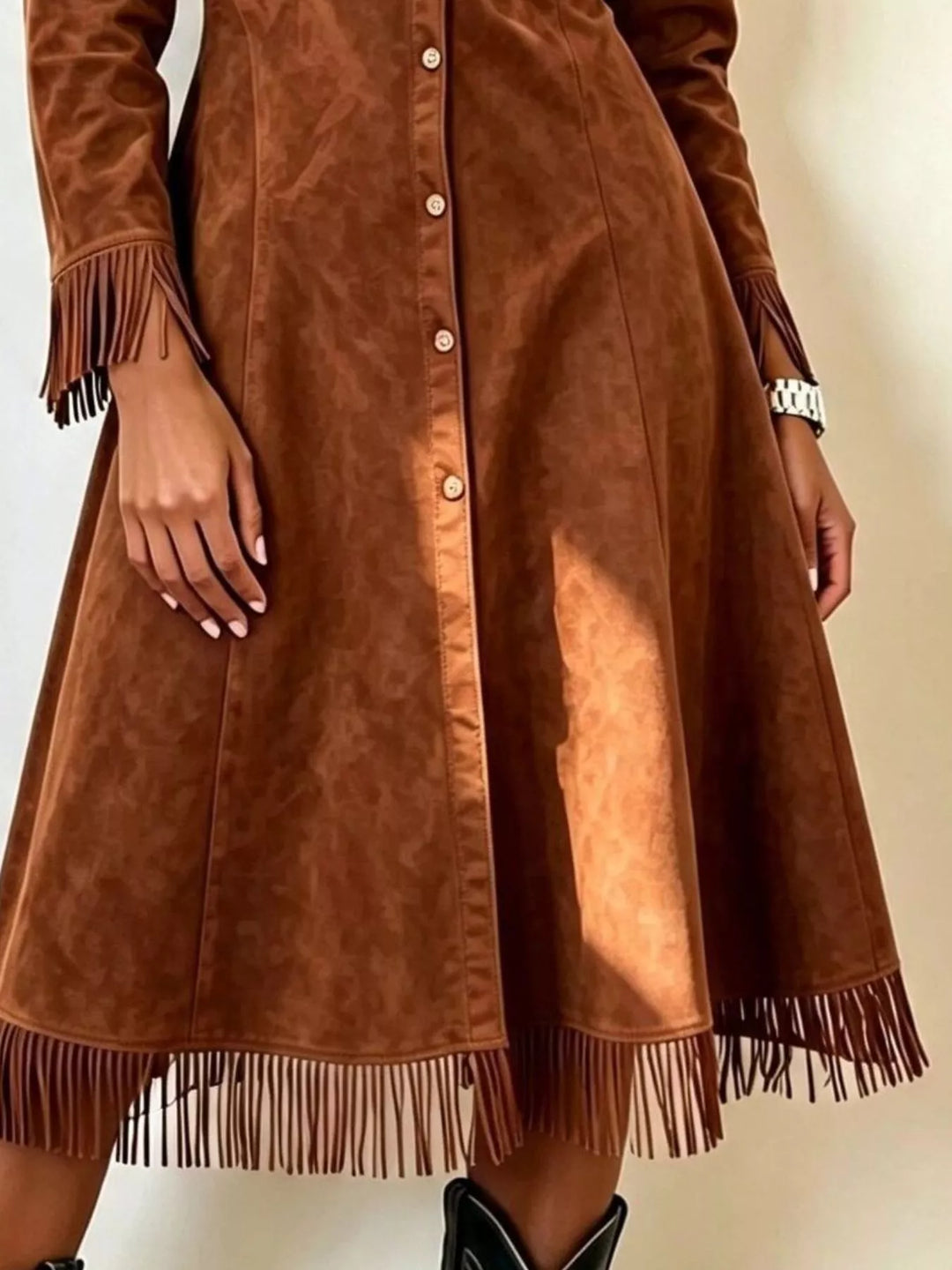 Brown Fringe-trim faux suede button-down midi shirt dress