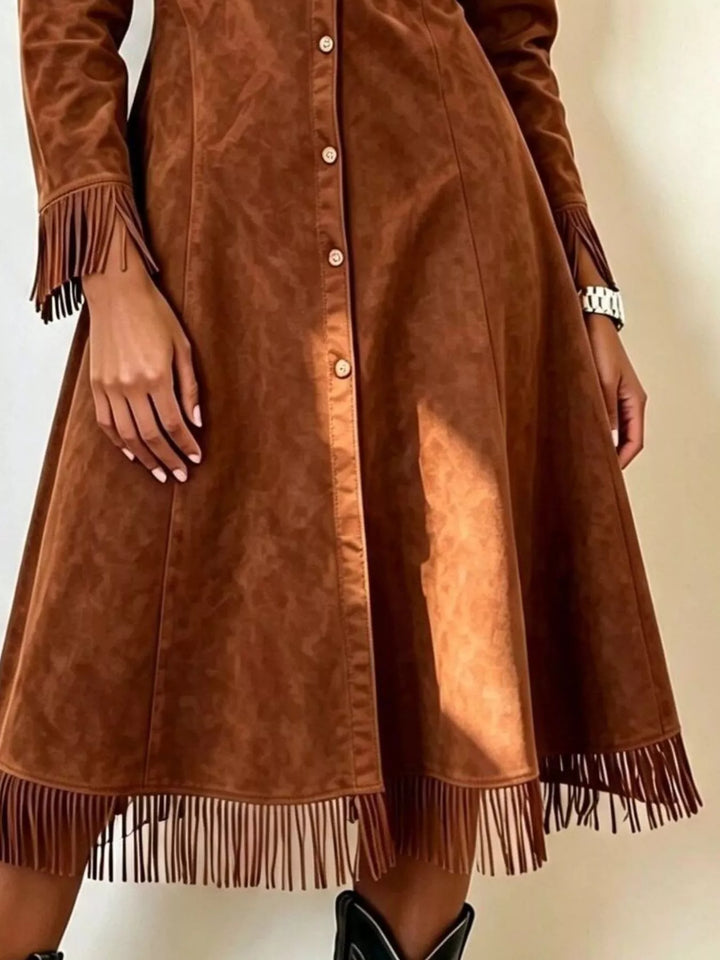 Brown Fringe-trim faux suede button-down midi shirt dress