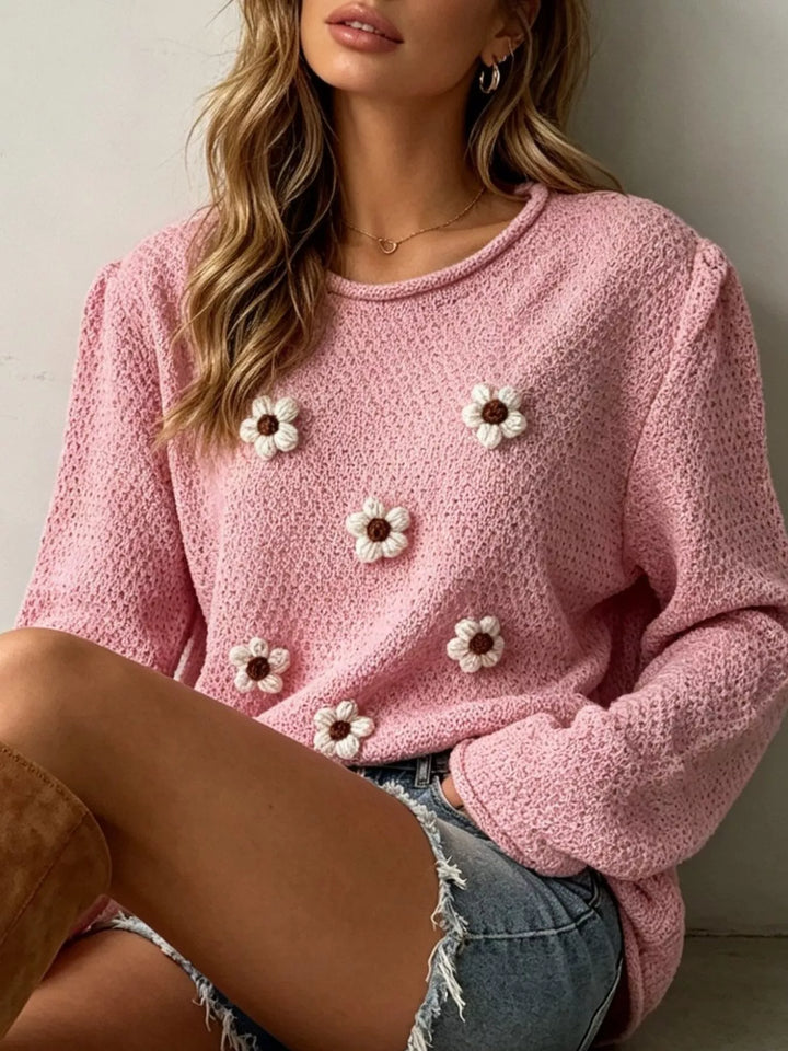 Floral applique textured knit sweater with drop shoulders