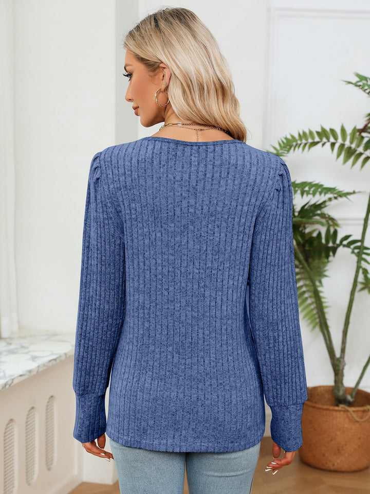 Lace-trim V-neck ribbed knit long sleeve blouse