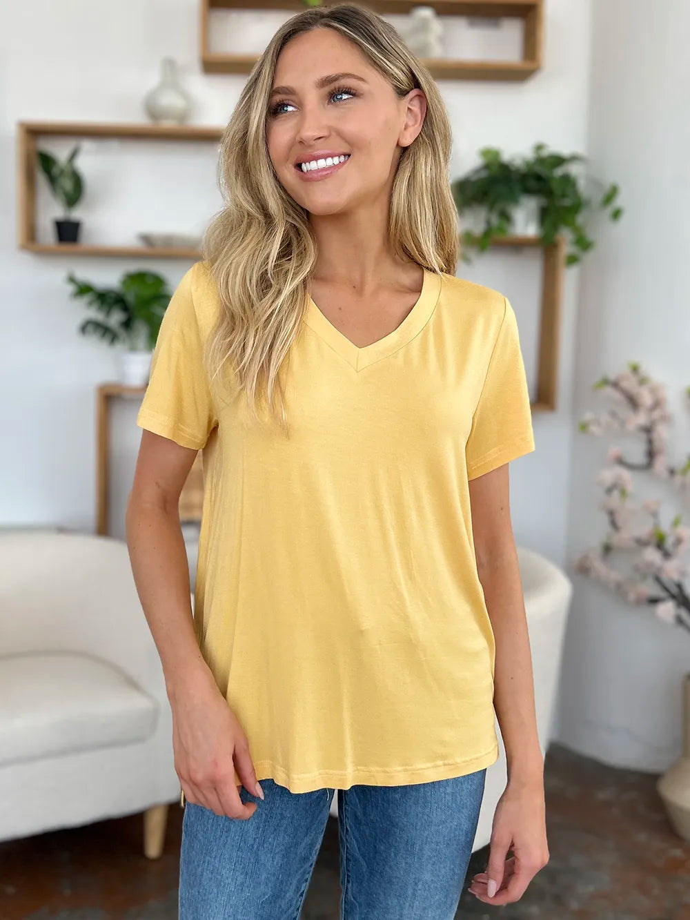 V-neck high-low bamboo tee with side slits