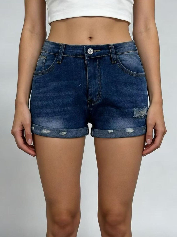 Distressed roll-up denim shorts with cuffed hem