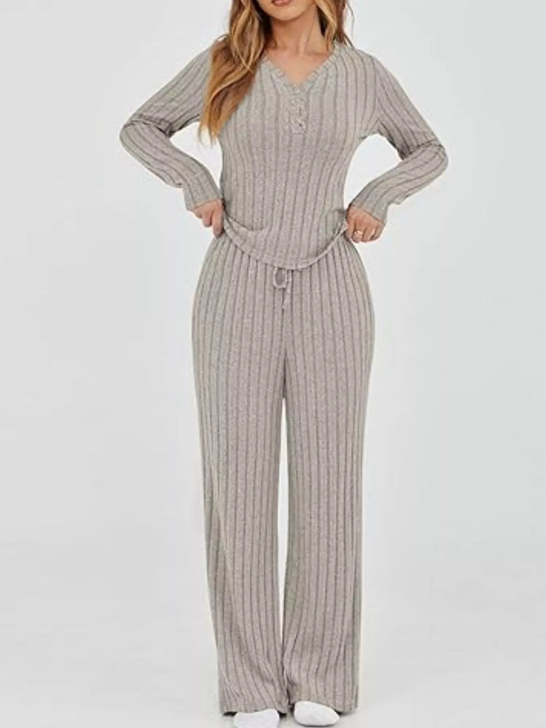 Ribbed knit henley top and wide leg pants lounge set