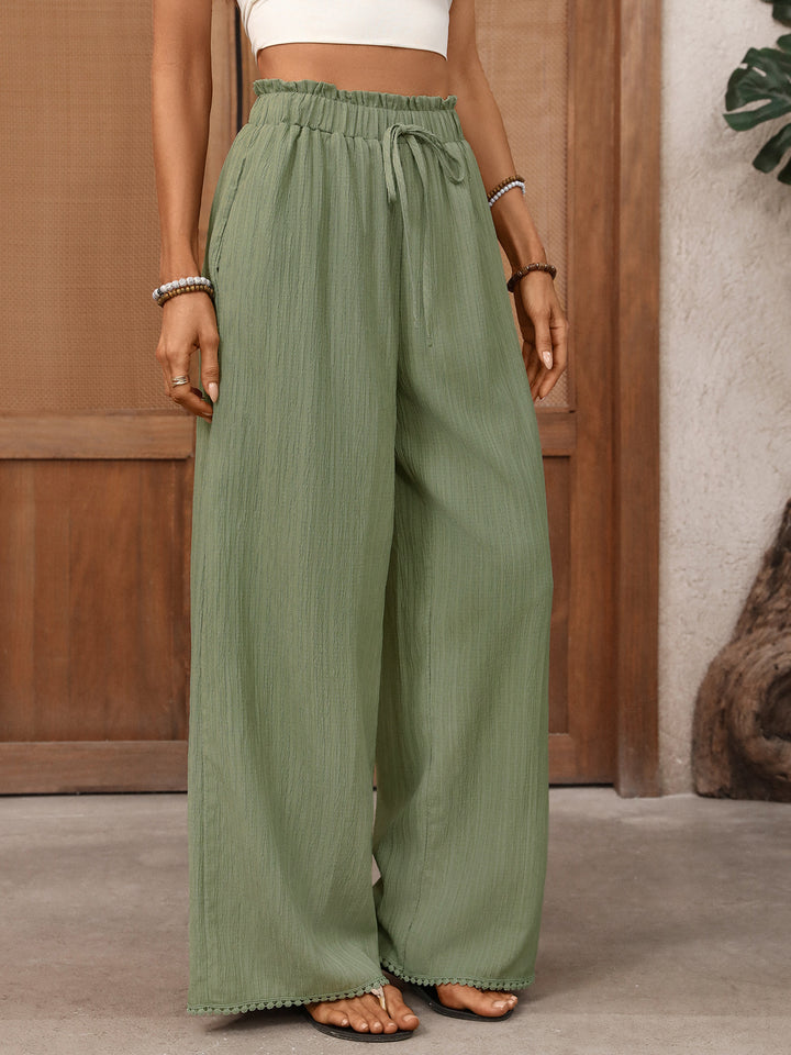 Wide leg paperbag waist pants with picot trim hem