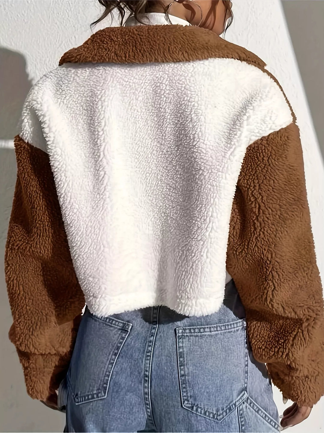 Two-tone sherpa cropped trucker jacket with snap front