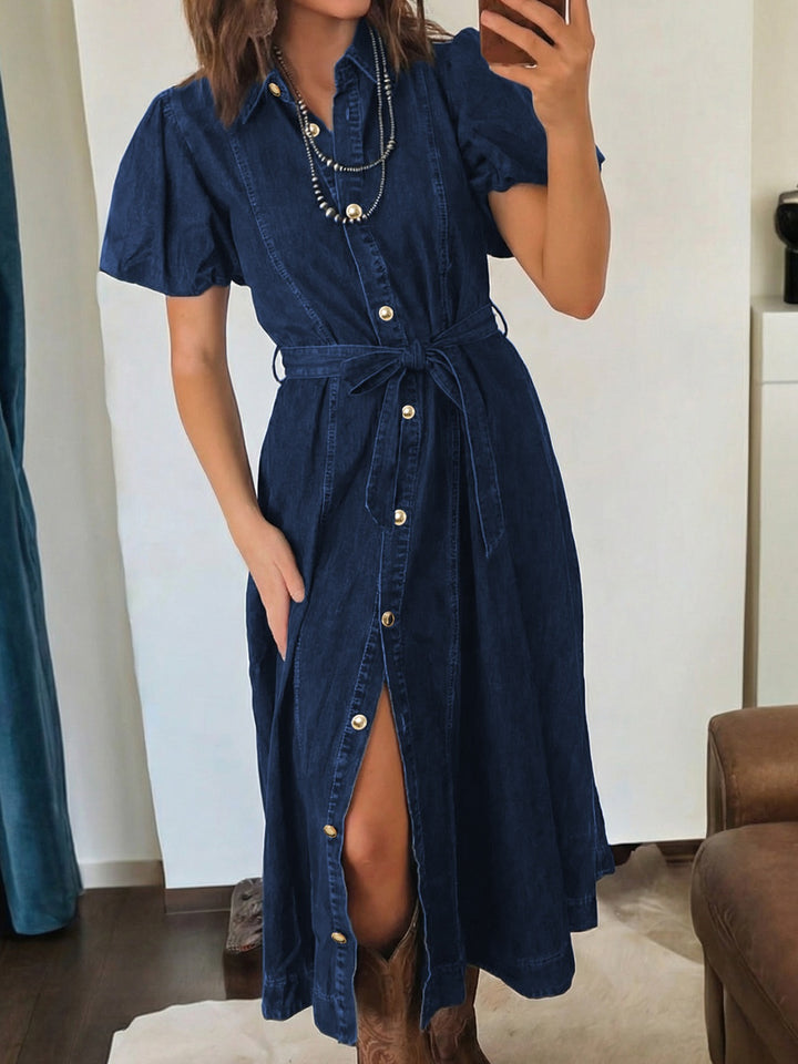 Navy Puff sleeve button-down midi denim dress with tie belt