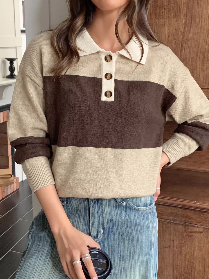 Coffee Brown Color block polo collar sweater with button placket